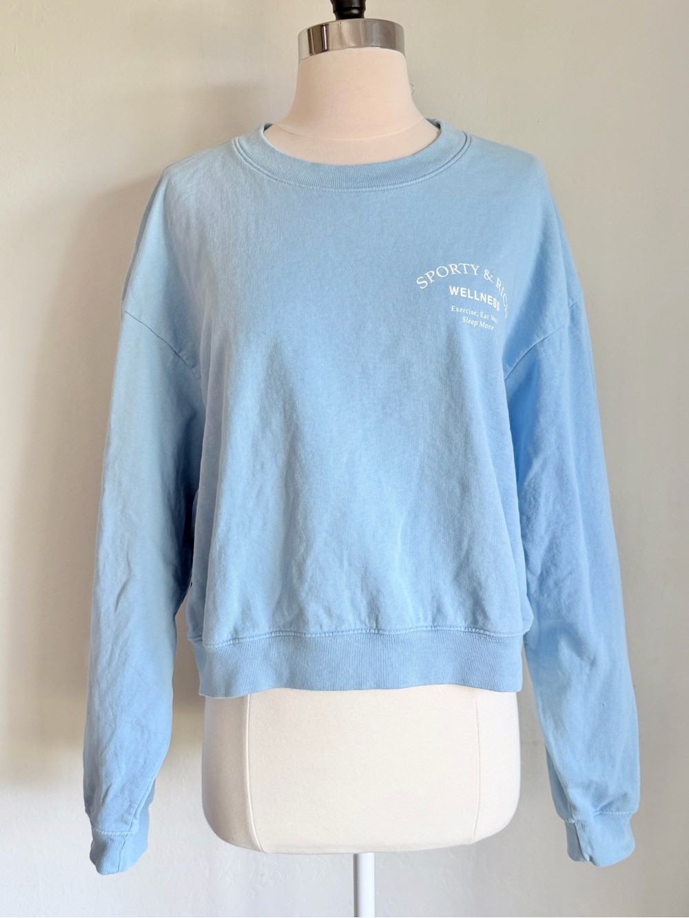 Sporty & Rich ‘Wellness Studio’ Cropped Crewneck Sweatshirt Sky Blue, Sz L NWT